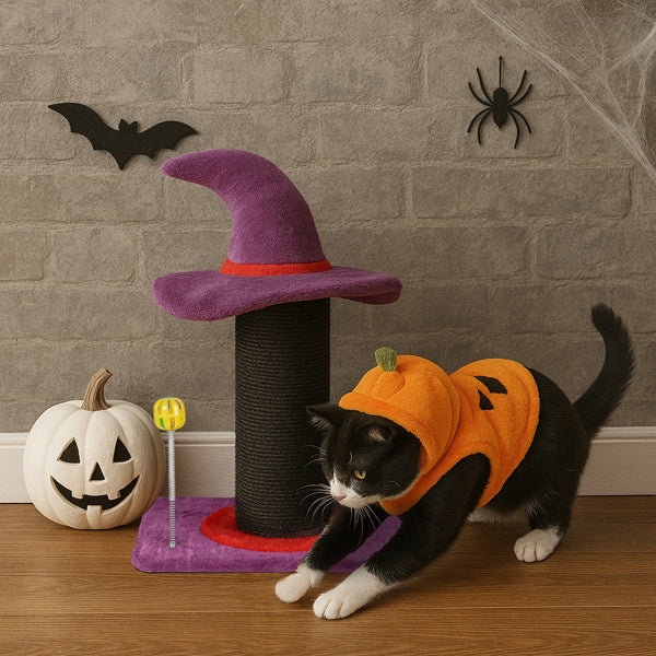 Wizard Hat Cat Scratching Post With Spring Ball Toy For Indoor Cats, Halloween Spooky Cat Scratcher, Purple