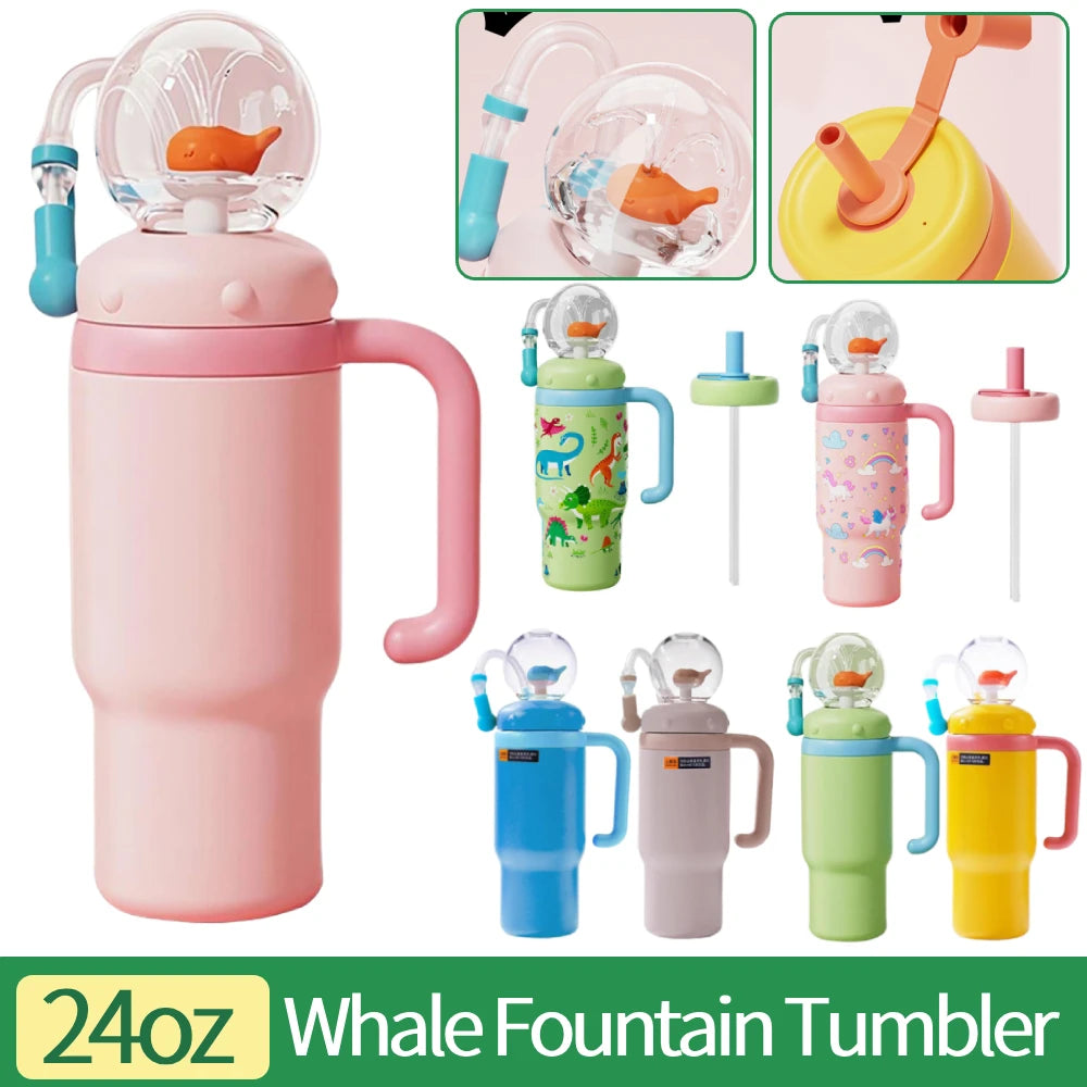 24oz Stainless Steel Whale Fountain Tumbler with Handle for Kids Teens and Adults