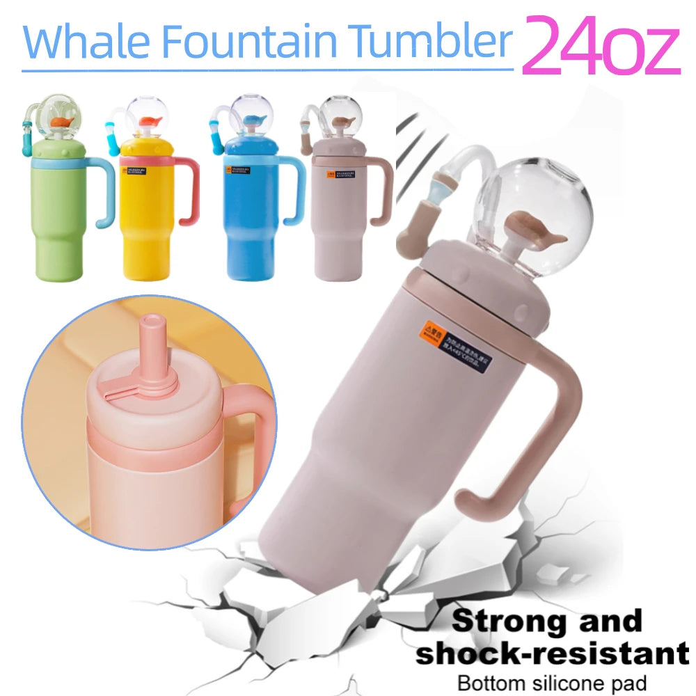 24oz Stainless Steel Whale Fountain Tumbler with Handle for Kids Teens and Adults